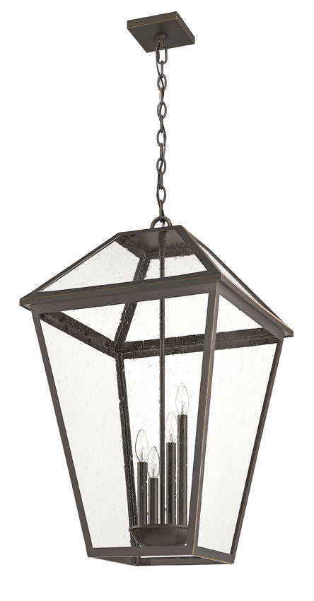 Talbot 579CHXLX 4 Lights Outdoor Chain Mount Ceiling Hanging Pendant Fixture 19.5" x 19.5" x 32.25" Oil Rubbed Bronze Stainless Steel and Iron Clear Seedy Glass Line Voltage Candelabra 120V 4 E12 Base Sockets for Garden, Exterior Lighting