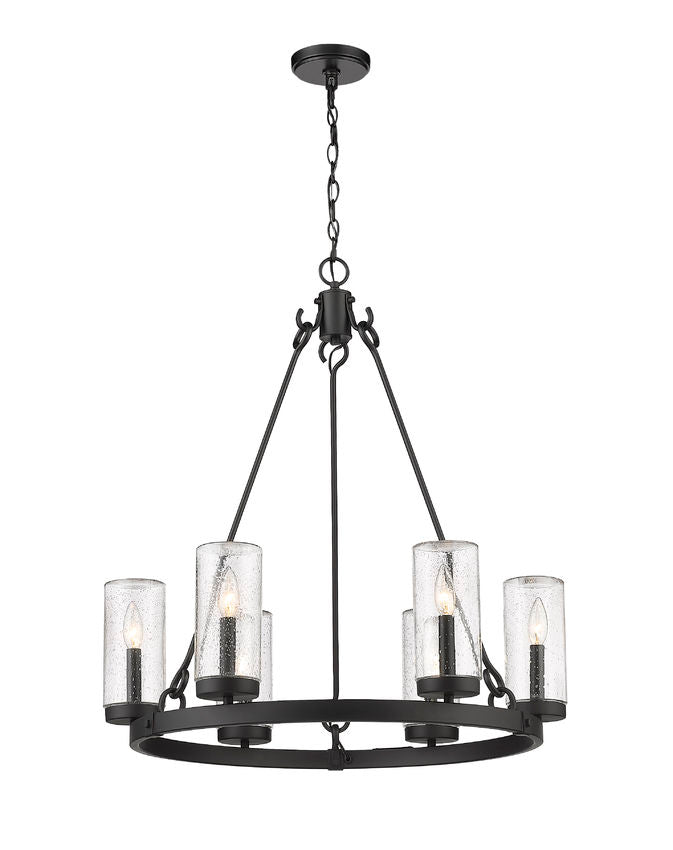 Marlow 589-6BK 6 Lights Outdoor Chandelier Ceiling Fixture 27.5" x 27.5" x 31.0" Matte Black Aluminum Clear Seedy Glass Line Voltage Candelabra 120V 6 E12 Base Sockets for Garden, Exterior Lighting