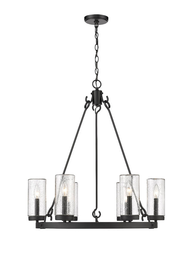 Marlow 589-6BK 6 Lights Outdoor Chandelier Ceiling Fixture 27.5" x 27.5" x 31.0" Matte Black Aluminum Clear Seedy Glass Line Voltage Candelabra 120V 6 E12 Base Sockets for Garden, Exterior Lighting