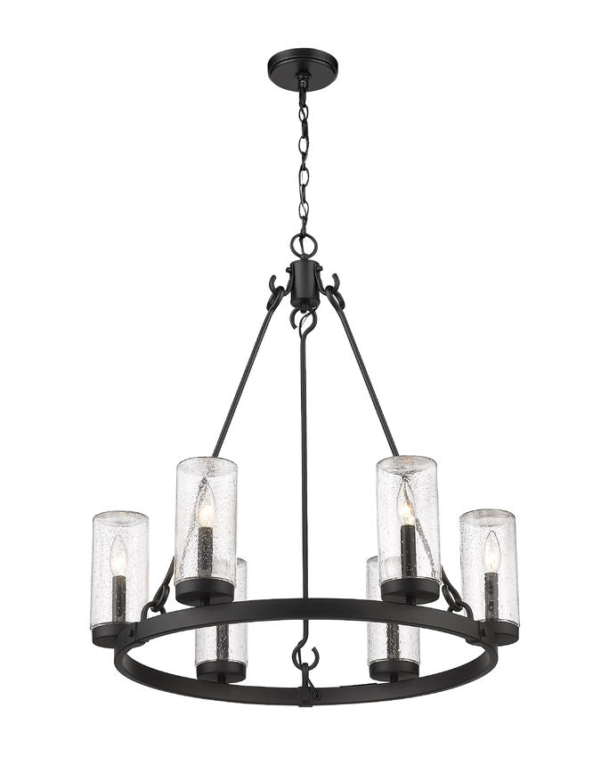 Marlow 589-6BK 6 Lights Outdoor Chandelier Ceiling Fixture 27.5" x 27.5" x 31.0" Matte Black Aluminum Clear Seedy Glass Line Voltage Candelabra 120V 6 E12 Base Sockets for Garden, Exterior Lighting