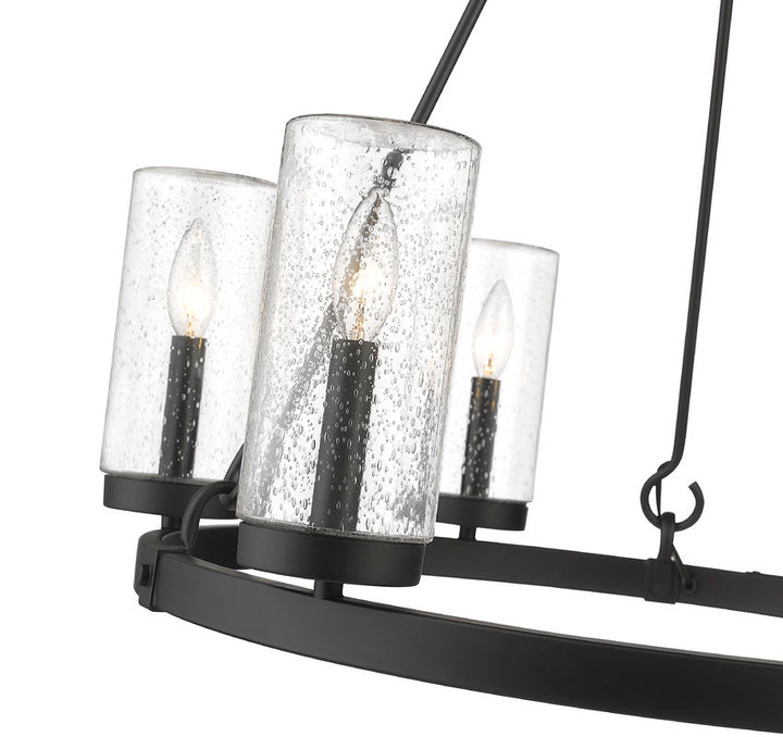 Marlow 589-6BK 6 Lights Outdoor Chandelier Ceiling Fixture 27.5" x 27.5" x 31.0" Matte Black Aluminum Clear Seedy Glass Line Voltage Candelabra 120V 6 E12 Base Sockets for Garden, Exterior Lighting