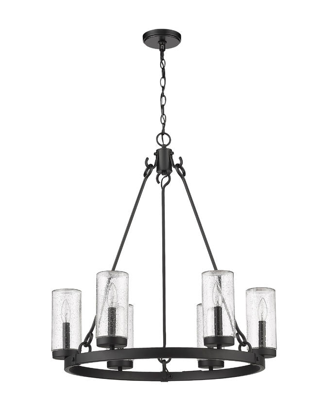 Marlow 589-6BK 6 Lights Outdoor Chandelier Ceiling Fixture 27.5" x 27.5" x 31.0" Matte Black Aluminum Clear Seedy Glass Line Voltage Candelabra 120V 6 E12 Base Sockets for Garden, Exterior Lighting