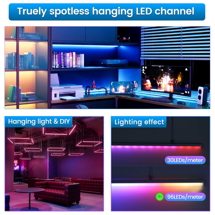 AC15 Spotless Aluminum Channel with Hanging Wire 3.3FT/1M For Max 17mm Width LED Strip Lights Pack of 5 and 10