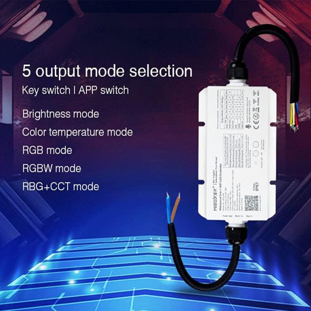 Miboxer WL5-WP LED Strip Light 5 in 1 Controller for 5050 3528 2835, IP67 Waterproof with Smartphone APP Control