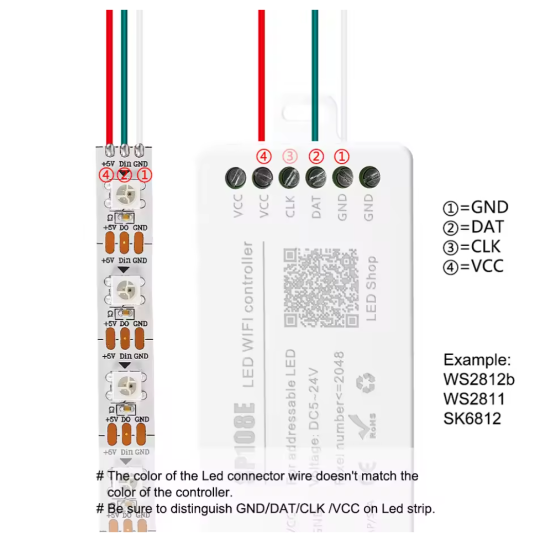SP108E Smart Wi-Fi Magic RGB Addressable LED Controller Support WS2812B, WS2813B, etc. For LED Strip Light RGB-IC