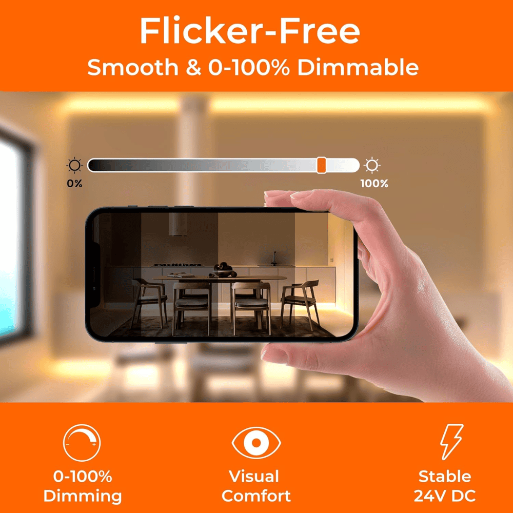 SLD24 Dotless Linear LED Dimmable, 5W/ft 16.4ft COB Strip Lights IP20 Low Voltage 10mm DC24V with Strong 3M VHB Adhesive Tape