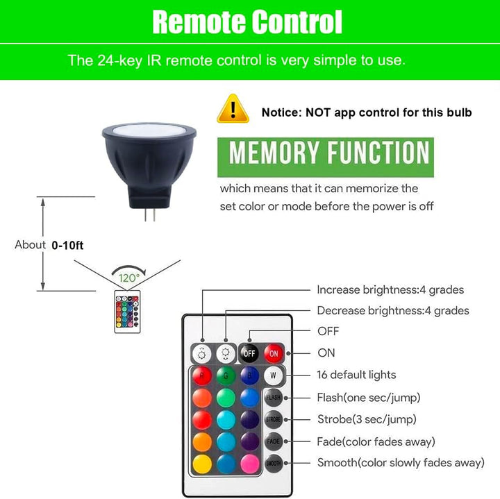 MR11 RGB Warm White + 15 Multicolors and 4-Level Brightness 3W, Energy-Saving, Color-Changing 12V Outdoor LED Light Bulb Compatible with Remote Control