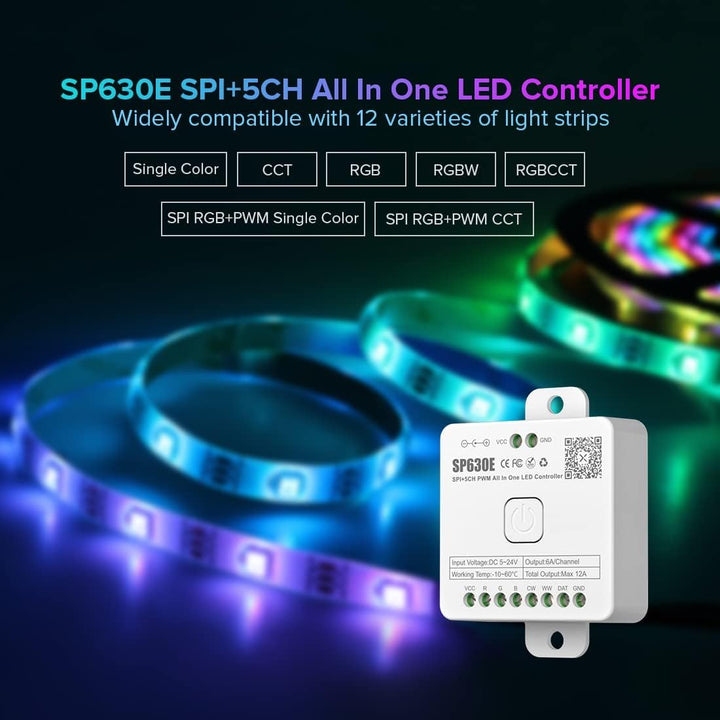 SP630E Smart Bluetooth RGB Addressable LED Controller Compatible with PWM and SPI LED Strips RGBW-IC