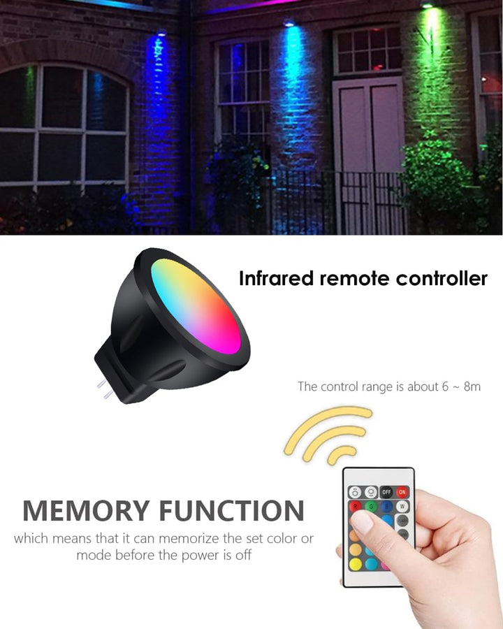MR11 RGB Warm White + 15 Multicolors and 4-Level Brightness 3W, Energy-Saving, Color-Changing 12V Outdoor LED Light Bulb Compatible with Remote Control