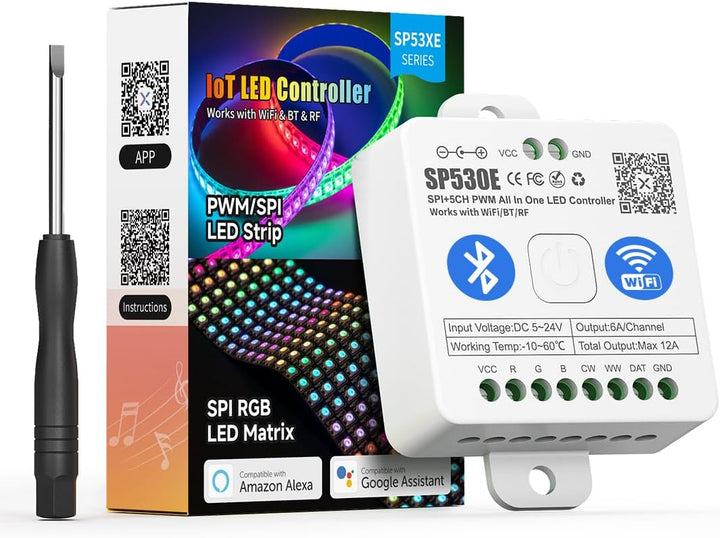 SP530E Smart Wi-Fi and Bluetooth RGB Addressable LED Controller Compatible with Alexa and Google Assistant, Support WS2811, WS2812B, WS2815, SK6812 and More