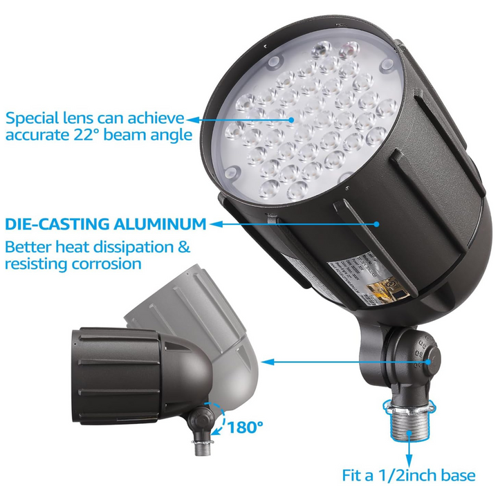 CDL30 120V Line Voltage Cast Aluminum Spotlight | 30W 3000K Warm White Flag Pole Light with Knuckle Mount