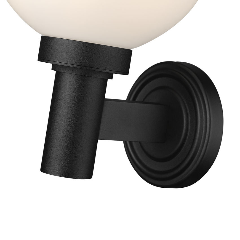 Laurent Outdoor Wall Sconce Light 1 E26 Medium Base Light Bulb Socket Outdoor Marine Grade Aluminum and Glass 9" x 8" x 12.5" Black with White Opal Finish 120V for Garden, Interior, Exterior, Garage and Patio 597M-BK