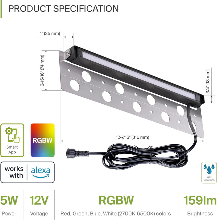 ELRA07 8-Pack 5W 12" Smart RGBCW Color Changing 2700K-6500K Waterproof LED Stairs, Fence, Hardscape Step Light Fixture Package