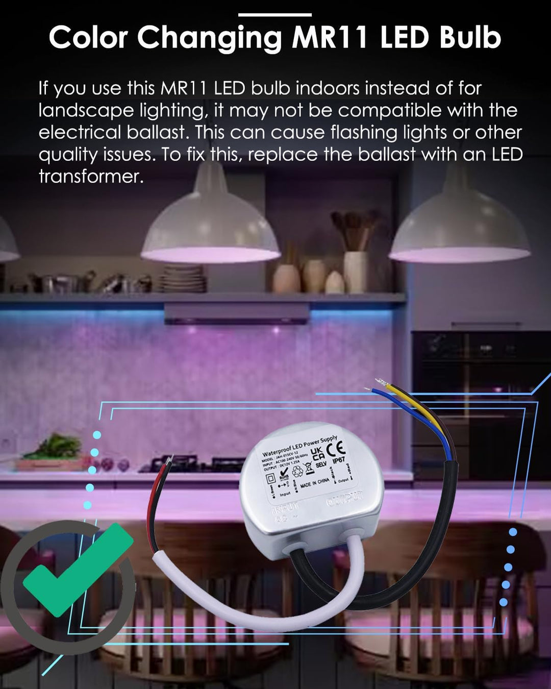 MR11 RGB Warm White + 15 Multicolors and 4-Level Brightness 3W, Energy-Saving, Color-Changing 12V Outdoor LED Light Bulb Compatible with Remote Control