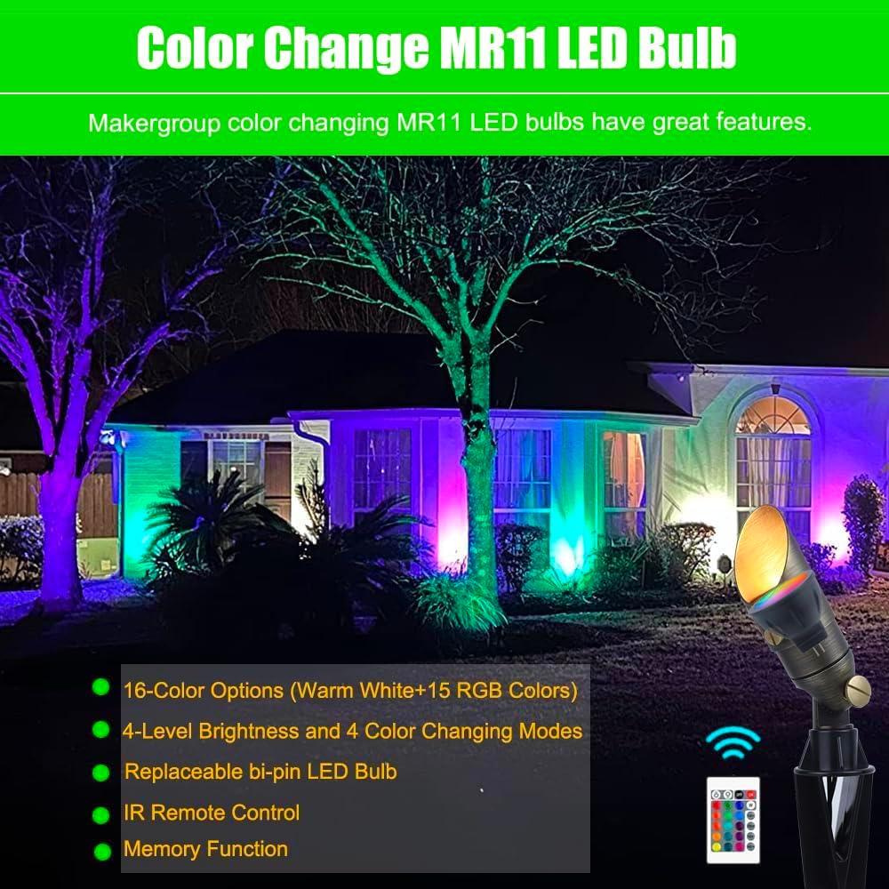 MR11 RGB Warm White + 15 Multicolors and 4-Level Brightness 3W, Energy-Saving, Color-Changing 12V Outdoor LED Light Bulb Compatible with Remote Control
