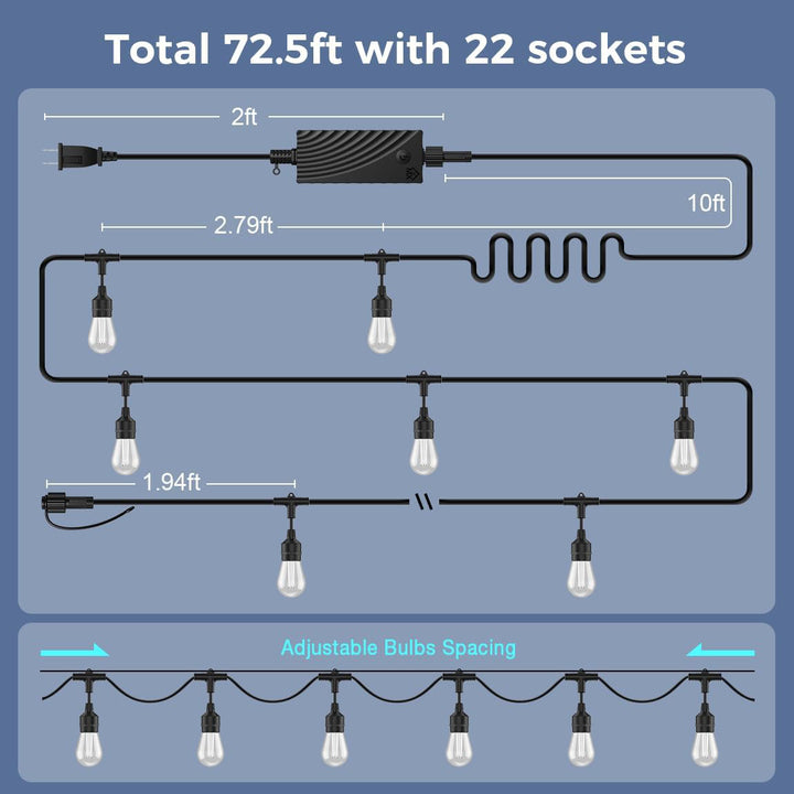 SLR100 LED RGBW Smart Bistro String Lights Color Changing Outdoor Weatherproof 12V Edison Bulbs