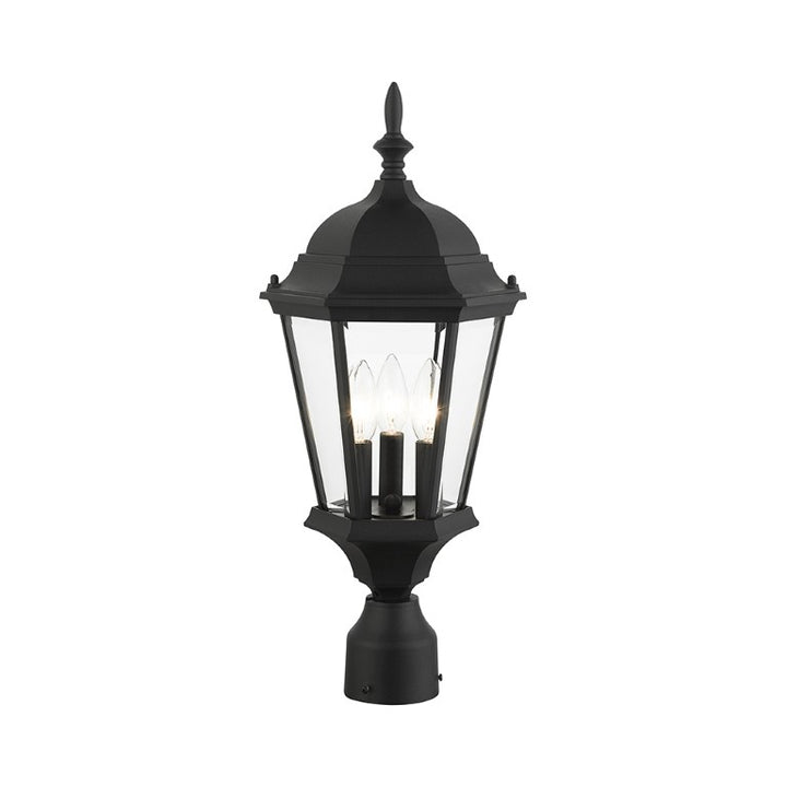 Hamilton Candelabra Base 3 Light Bulb Socket Medium Outdoor Post Top Lantern 21" x 9.5" Aluminum and Clear Beveled Glass, Textured Black Finish 120V for Garden, Exterior Post