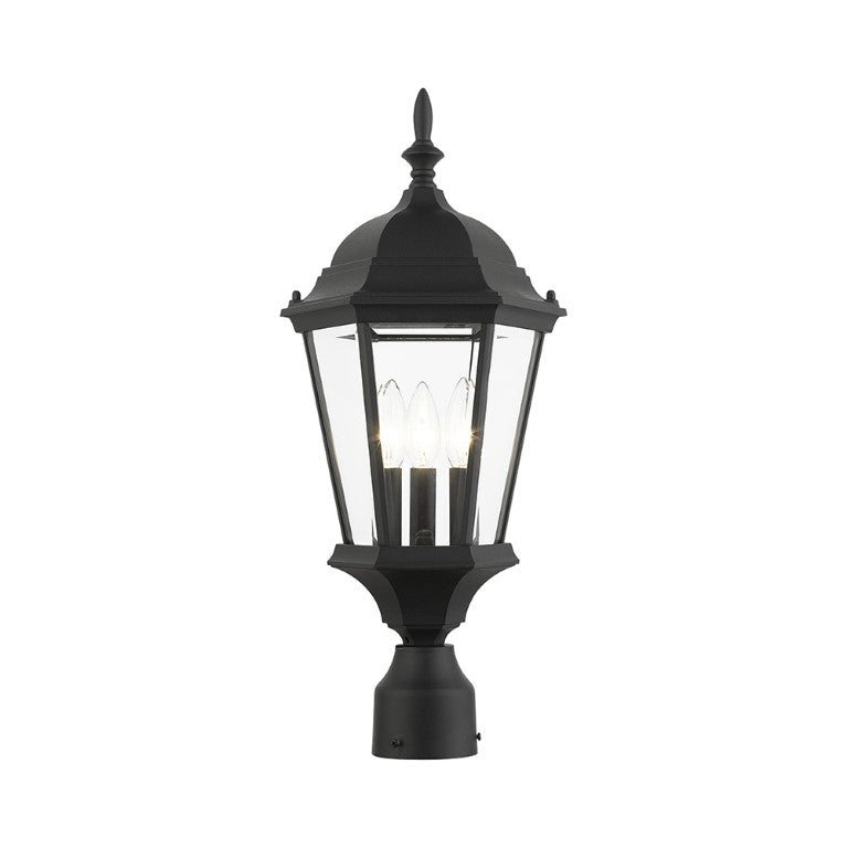 Hamilton Candelabra Base 3 Light Bulb Socket Medium Outdoor Post Top Lantern 21" x 9.5" Aluminum and Clear Beveled Glass, Textured Black Finish 120V for Garden, Exterior Post