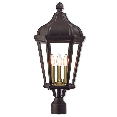 Morgan Candelabra Base 3 Light Bulb Socket Large Outdoor Post Top Lantern 25.25" x 11" Cast Aluminum and Clear Glass, Bronze Finish 120V for Garden, Exterior Post - 76194-07