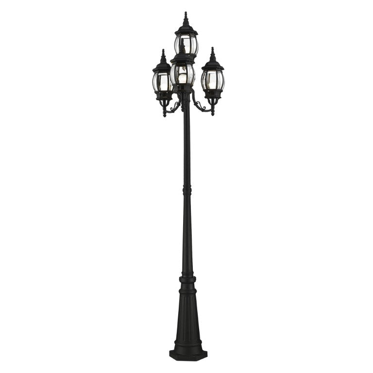 Frontenac Medium Base 4 Light Bulb Socket Outdoor 4 Head Post 93" x 24" Aluminum and Clear Beveled Glass, Textured Black Finish 120V for Garden, Exterior Post - 7711-14