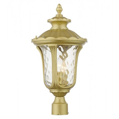 Oxford Candelabra Base 3 Light Bulb Socket Large Outdoor Post Top Lantern 21.5" x 11" Cast Aluminum and Hand Blown Clear Water Glass, Soft. Gold Finish 120V for Garden, Exterior Post - 7859-33
