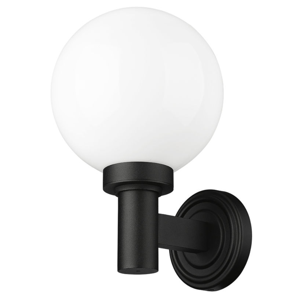 Laurent Outdoor Wall Sconce Light 1 E26 Medium Base Light Bulb Socket Outdoor Marine Grade Aluminum and Glass 9" x 8" x 12.5" Black with White Opal Finish 120V for Garden, Interior, Exterior, Garage and Patio 597M-BK