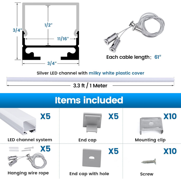 AC15 Spotless Aluminum Channel with Hanging Wire 3.3FT/1M For Max 17mm Width LED Strip Lights Pack of 5 and 10