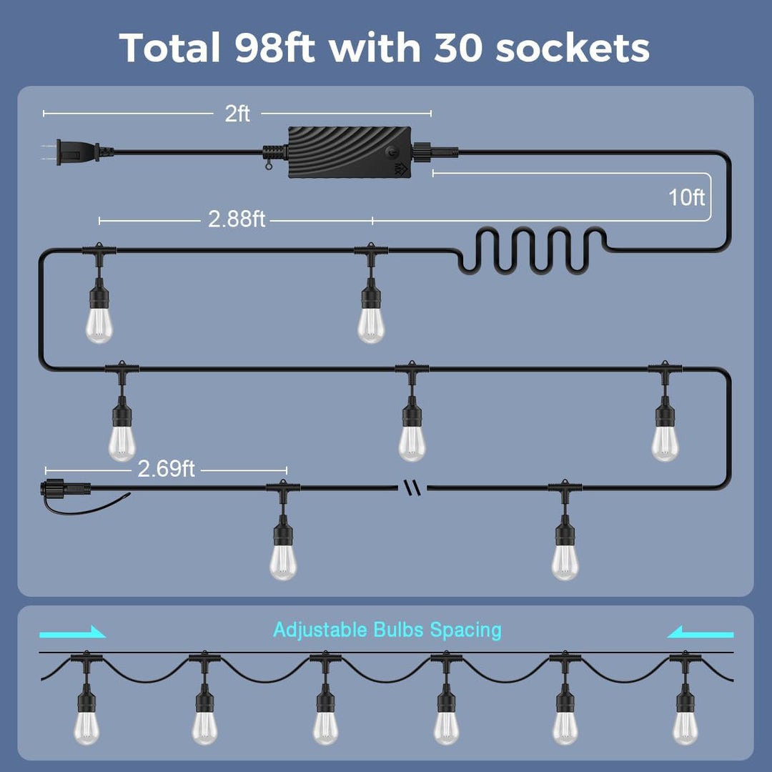 SLR100 LED RGBW Smart Bistro String Lights Color Changing Outdoor Weatherproof 12V Edison Bulbs
