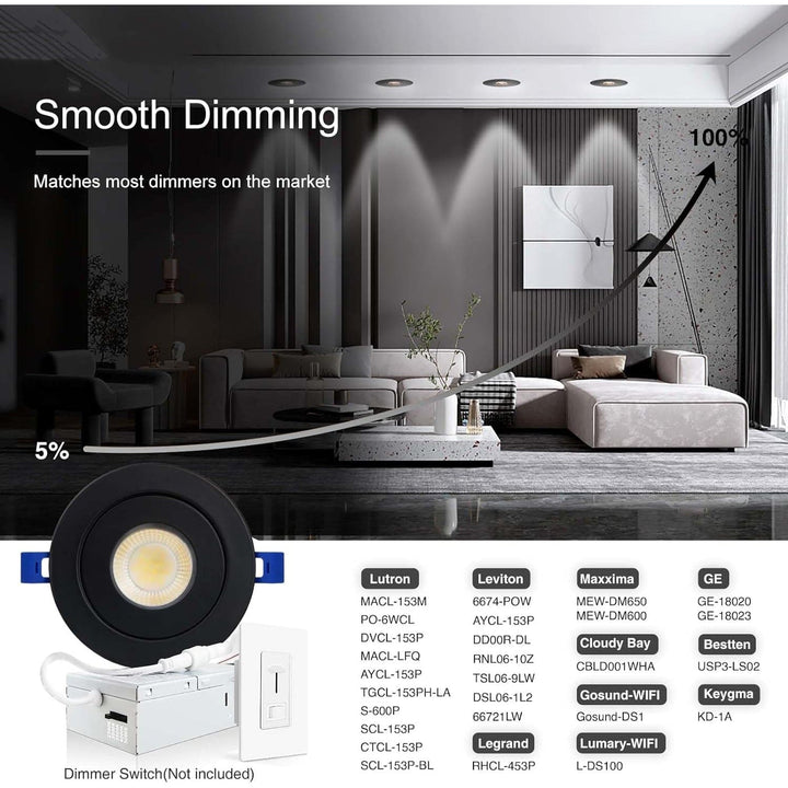 LED Canless Recessed Light 4x/8x/12x Package 9W 4 inch Gimbal 5CCT Dimmable Adjustable Directional Retrofit Eyeball Lighting with Jbox ETL Rated