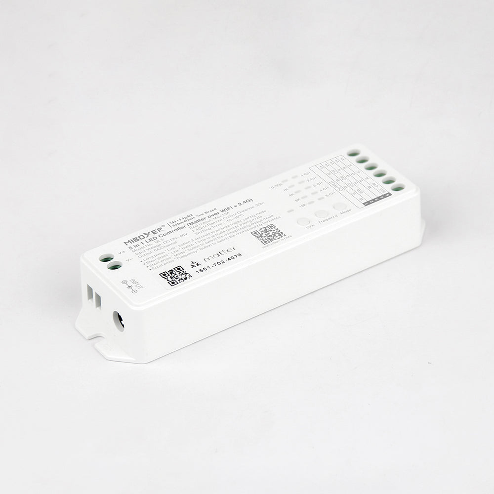 Miboxer ML5 Matter over Wi-Fi LED Strip Light 5 in 1 Controller for Single-Color, CCT, RGB, RGBW, RGBCCT Strip Lights, Smartphone APP Control and Voice Command