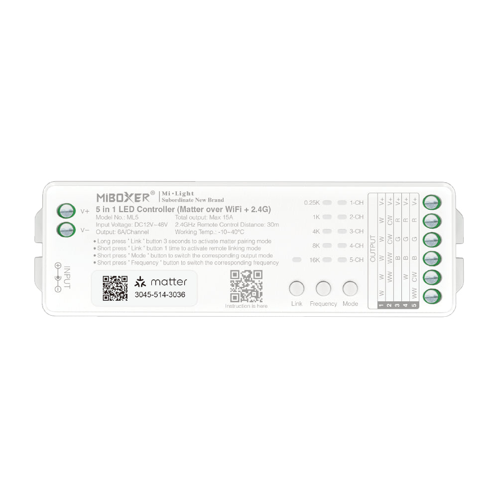 Miboxer ML5 Matter over Wi-Fi LED Strip Light 5 in 1 Controller for Single-Color, CCT, RGB, RGBW, RGBCCT Strip Lights, Smartphone APP Control and Voice Command