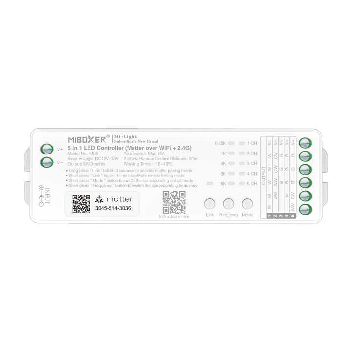 Miboxer ML5 Matter over Wi-Fi LED Strip Light 5 in 1 Controller for Single-Color, CCT, RGB, RGBW, RGBCCT Strip Lights, Smartphone APP Control and Voice Command