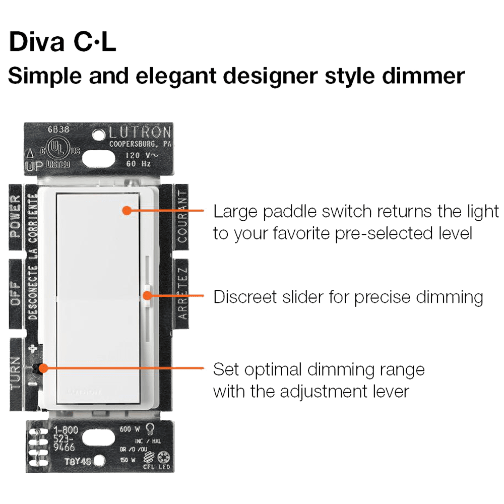 Lutron Diva C.L Dimmer Switch for Dimmable LED, Halogen and Incandescent Bulbs, Single-Pole or 3-Way, White.