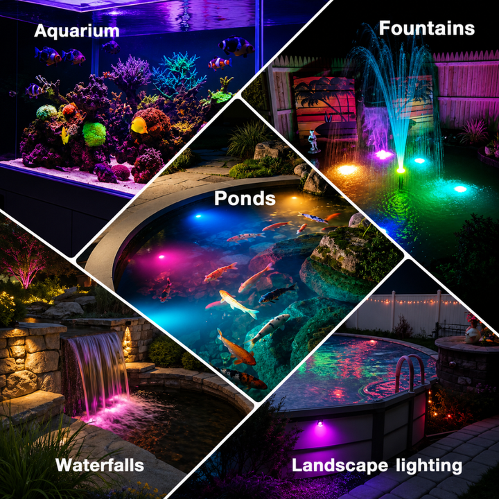 Outdoor Landscape Lighting LED 12V Low Voltage ULBA05 Aluminum Underwater Landscape 12-24V AC/DC 3W RGB+Warm White Integrated Color-changing Fountain Light Pond Lighting IP68 with Remote Control and Transformer Included