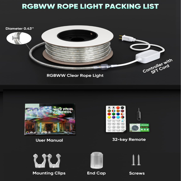 SLNR17 Dotted Neon RGBIC+CCT LED Strip Light 110V IP65 Outdoor Rated Dimmable High Voltage Flexible Rope Light , Mounting Clips, End Cap, Screws, Remote Control and Power Supply