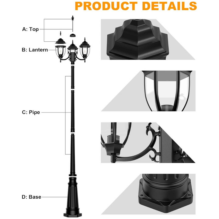 PLH02 Classic Black or White Aluminum 3-Head Post Light 92.5" Pole with Glass Panels 3 E26 Base Medium Base Socket 120V with for Garden, Exterior Lighting