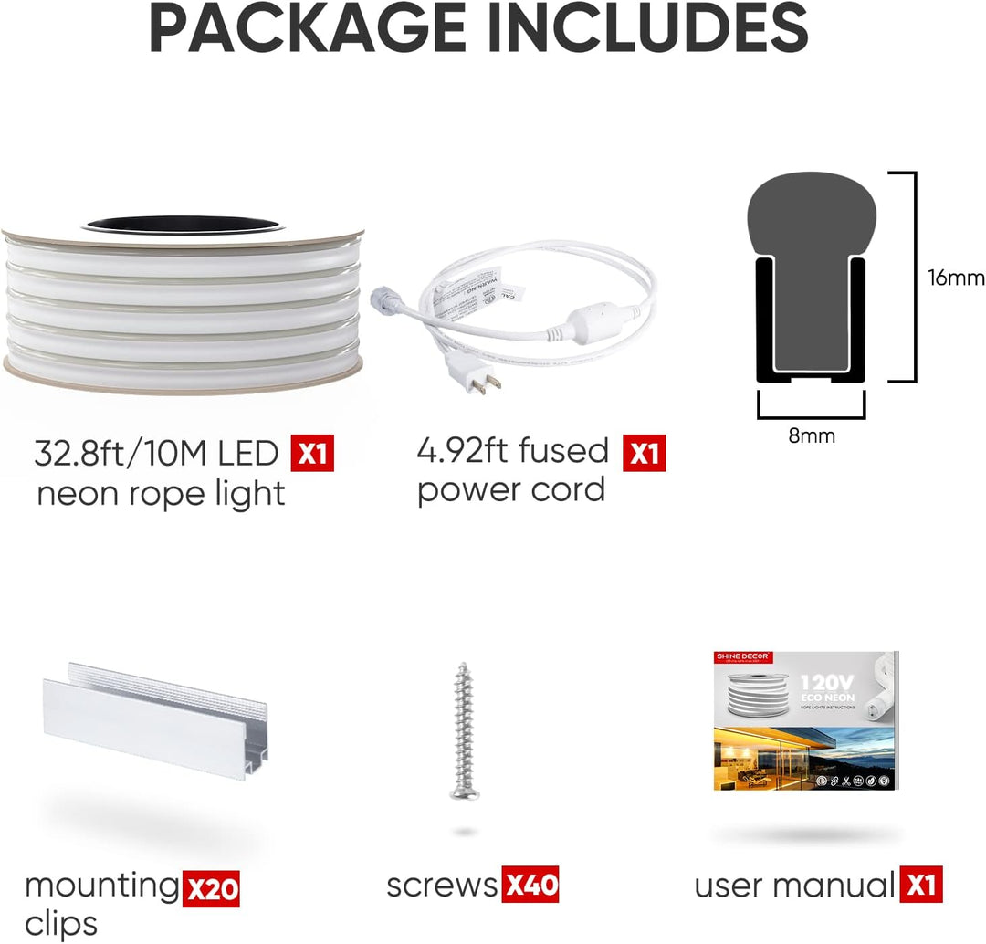 SLN06 Dotless Neon LED Strip Light 110-130V 8mm (W) x 16mm (H) IP65 Outdoor Rated Dimmable High Voltage Silicone Strip Light with Mounting Clips, Screws with Power Cable