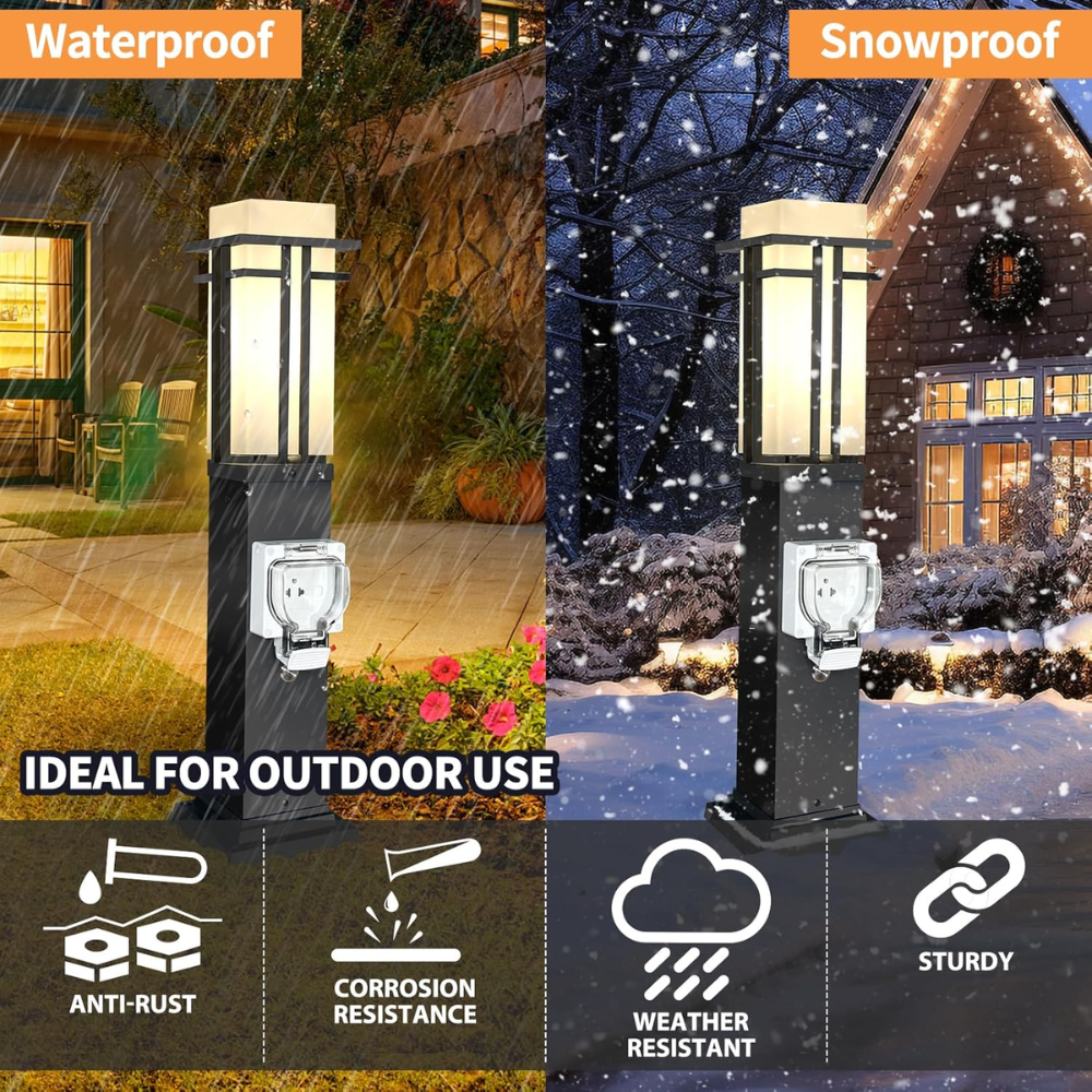 Outdoor Landscape Lighting LED 12V Low Voltage CPLA09 Outdoor Aluminum Post Mounted Lantern Light with 27.5" Post and Built-in GFCI Outlet, Mount Base E26 Socket Line Voltage 120V AC IP65 Waterproof