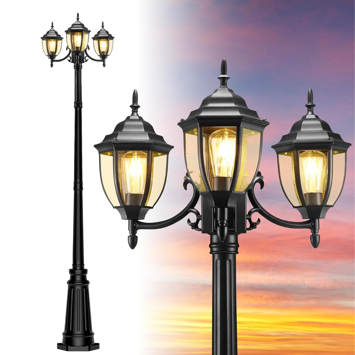 PLH02 Classic Black or White Aluminum 3-Head Post Light 92.5" Pole with Glass Panels 3 E26 Base Medium Base Socket 120V with for Garden, Exterior Lighting