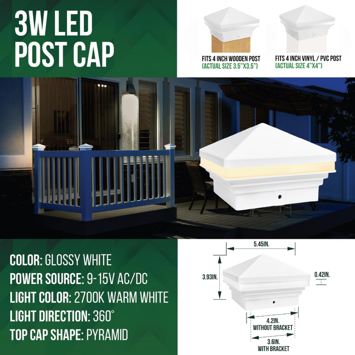 Outdoor Landscape Lighting LED 12V Low Voltage CPL04 Modern Pyramid-Top 12V AC/DC Low Voltage 3W 2700K/3000K 150 Lumens LED Post Cap Light for 3.5x3.5 or 4x4 Posts IP65 Waterproof