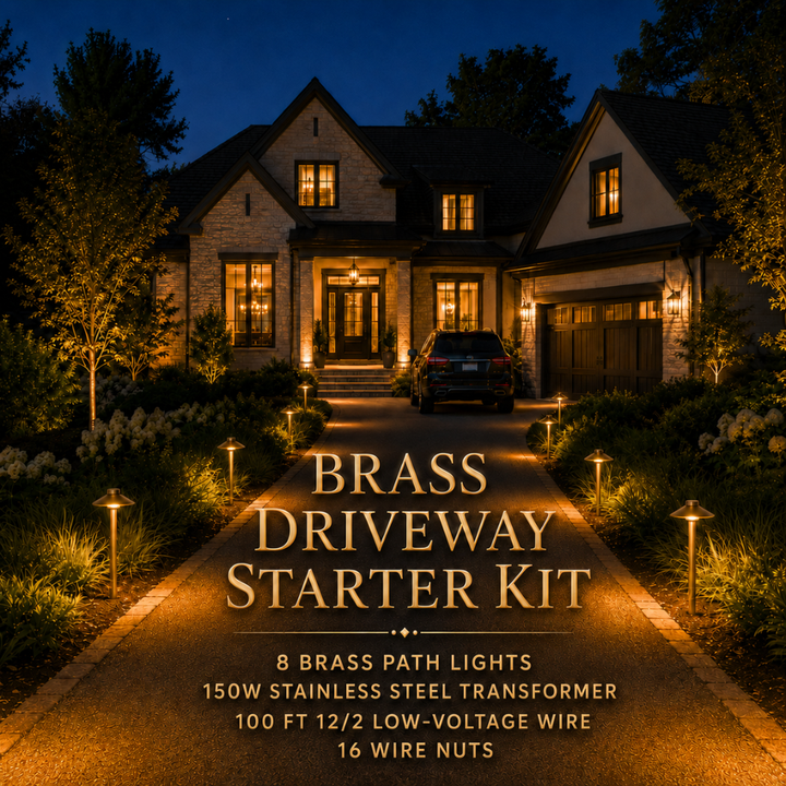 Outdoor Landscape Lighting LED 12V Low Voltage Complete Brass Driveway and Walkway Lighting Kit: Path Lights, Transformer, Wire & All Required Components Starter Kit: (8) PLB02 Path Light
