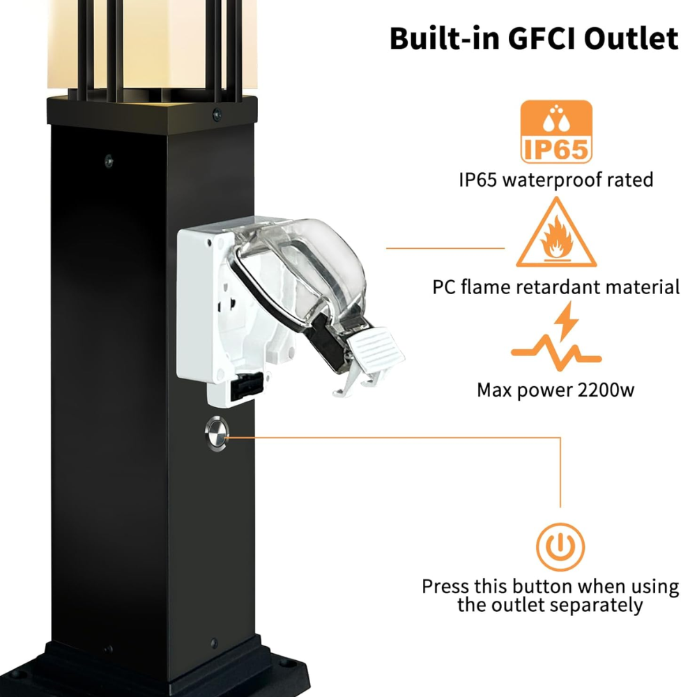 Outdoor Landscape Lighting LED 12V Low Voltage CPLA09 Outdoor Aluminum Post Mounted Lantern Light with 27.5" Post and Built-in GFCI Outlet, Mount Base E26 Socket Line Voltage 120V AC IP65 Waterproof
