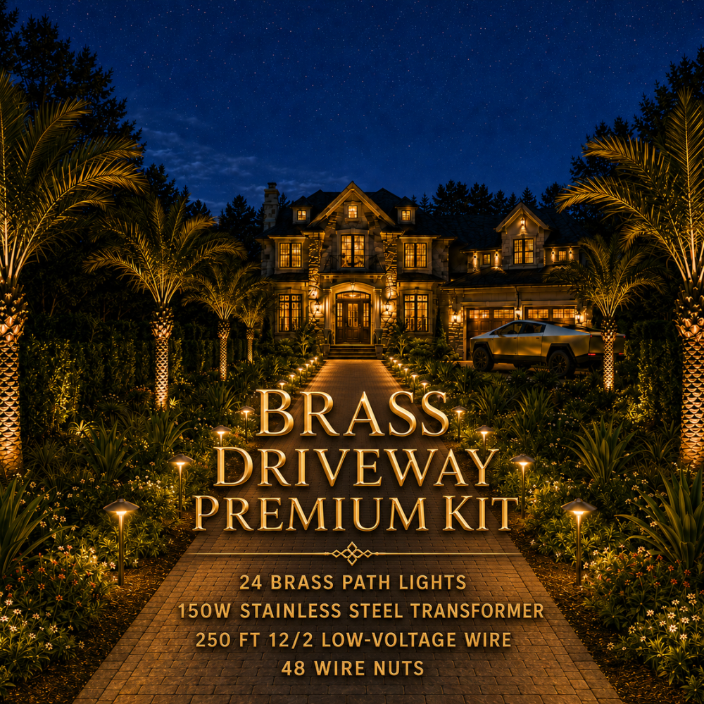 Outdoor Landscape Lighting LED 12V Low Voltage Complete Brass Driveway and Walkway Lighting Kit: Path Lights, Transformer, Wire & All Required Components Premium Kit: (24) PLB02 Path Light