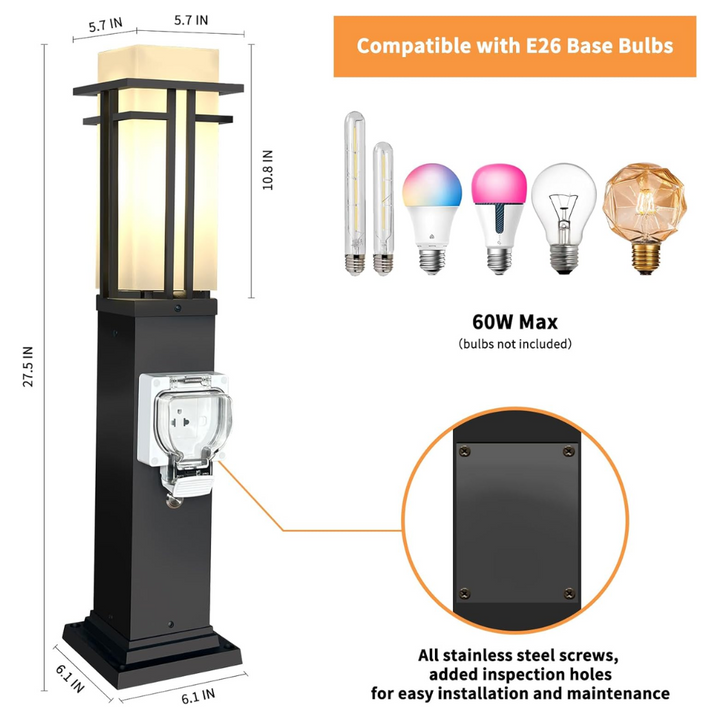 Outdoor Landscape Lighting LED 12V Low Voltage CPLA09 Outdoor Aluminum Post Mounted Lantern Light with 27.5" Post and Built-in GFCI Outlet, Mount Base E26 Socket Line Voltage 120V AC IP65 Waterproof