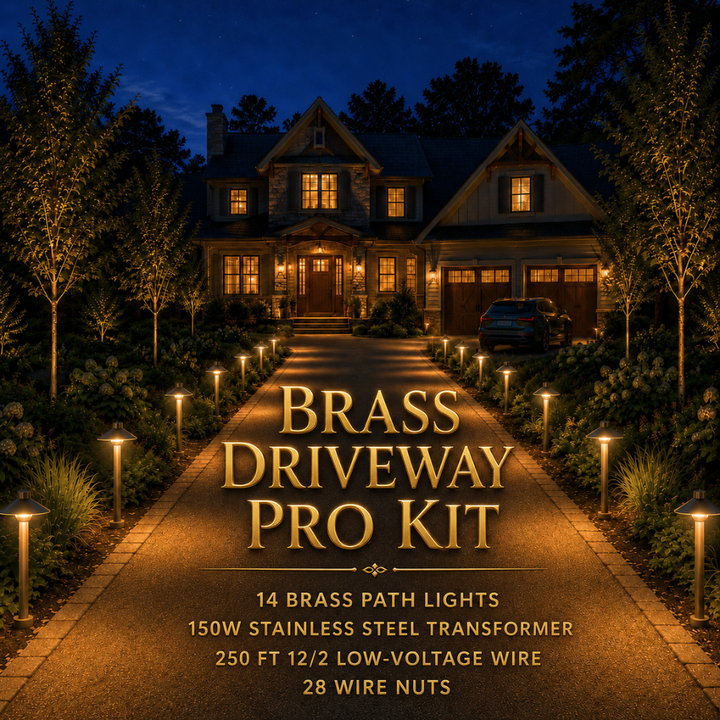 Outdoor Landscape Lighting LED 12V Low Voltage Complete Brass Driveway and Walkway Lighting Kit: Path Lights, Transformer, Wire & All Required Components Pro Kit: (14) PLB02 Path Light