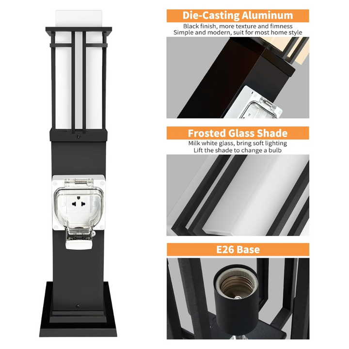 Outdoor Landscape Lighting LED 12V Low Voltage CPLA09 Outdoor Aluminum Post Mounted Lantern Light with 27.5" Post and Built-in GFCI Outlet, Mount Base E26 Socket Line Voltage 120V AC IP65 Waterproof