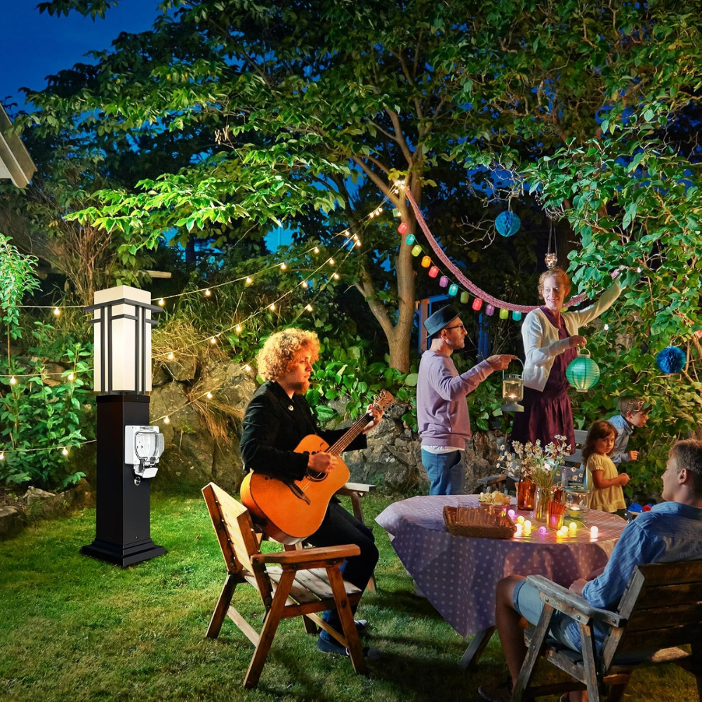 Outdoor Landscape Lighting LED 12V Low Voltage CPLA09 Outdoor Aluminum Post Mounted Lantern Light with 27.5" Post and Built-in GFCI Outlet, Mount Base E26 Socket Line Voltage 120V AC IP65 Waterproof