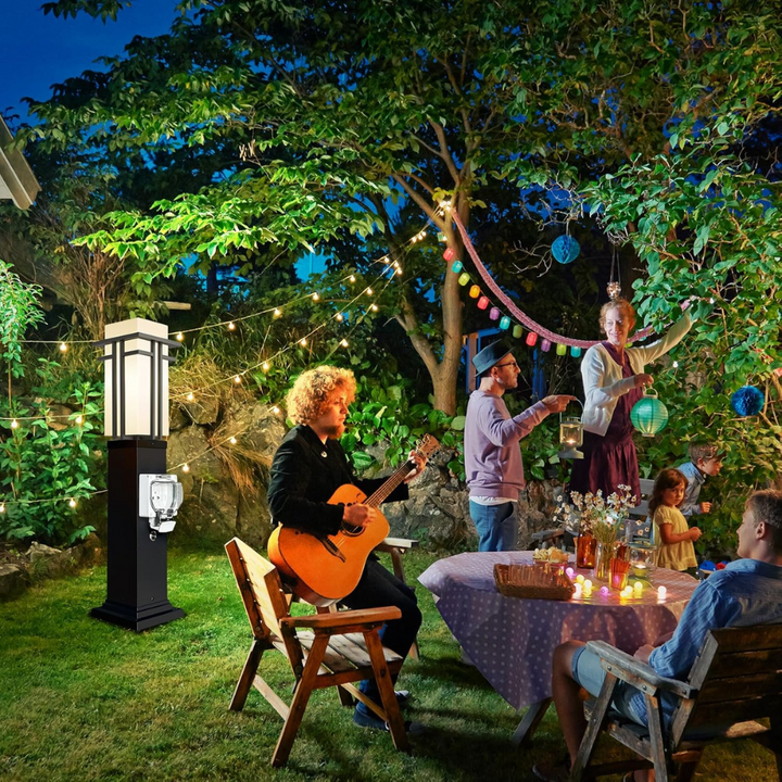 Outdoor Landscape Lighting LED 12V Low Voltage CPLA09 Outdoor Aluminum Post Mounted Lantern Light with 27.5" Post and Built-in GFCI Outlet, Mount Base E26 Socket Line Voltage 120V AC IP65 Waterproof