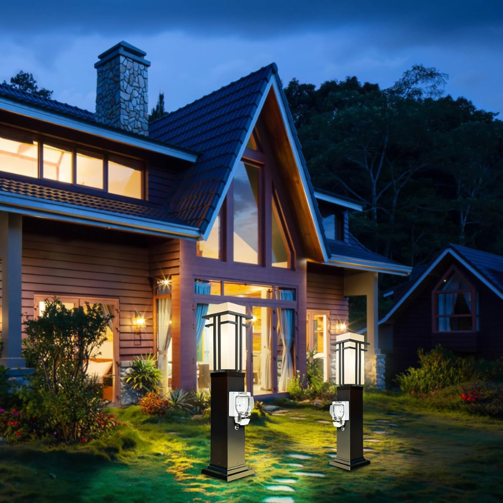Outdoor Landscape Lighting LED 12V Low Voltage CPLA09 Outdoor Aluminum Post Mounted Lantern Light with 27.5" Post and Built-in GFCI Outlet, Mount Base E26 Socket Line Voltage 120V AC IP65 Waterproof