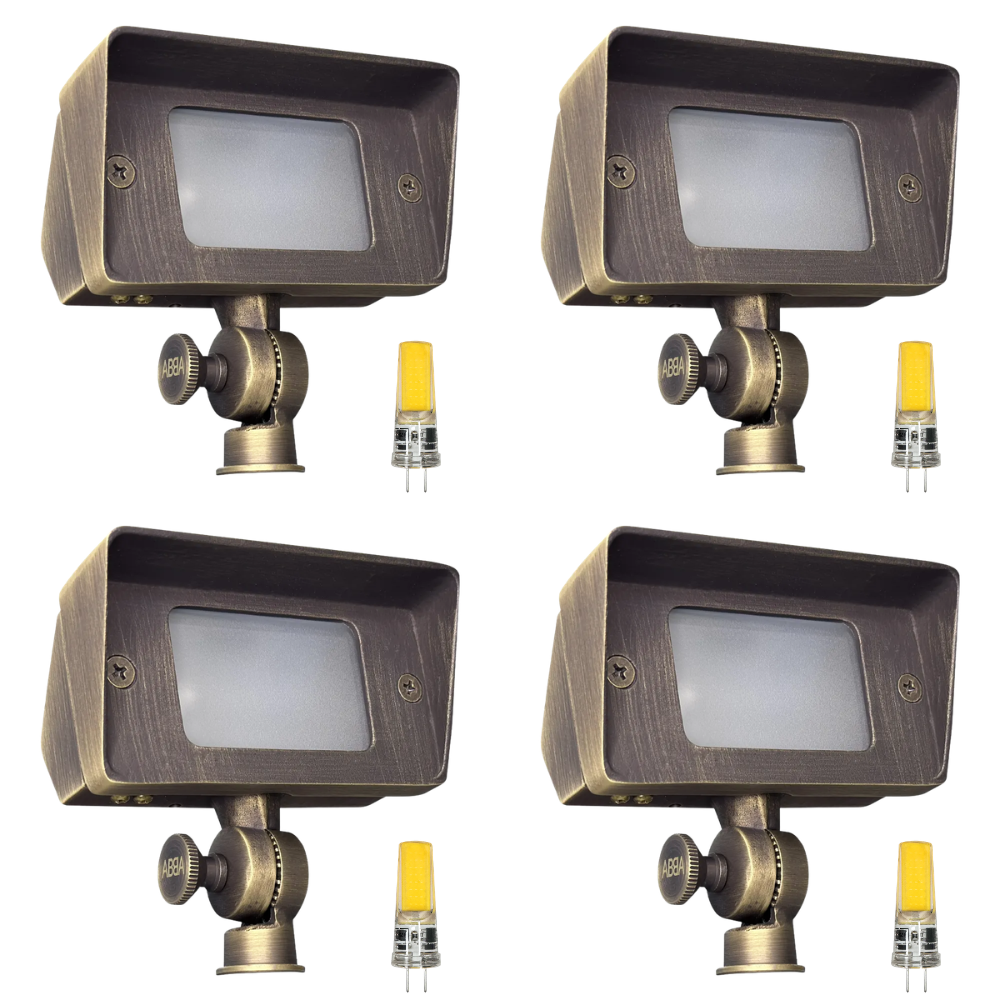 Outdoor Landscape Lighting LED 12V Low Voltage FPB01 4x/8x/12x Package Brass Rectangular LED Directional Floodlight Adjustable Lighting 3W 3000K Bulb 4 Pack Natural Brass